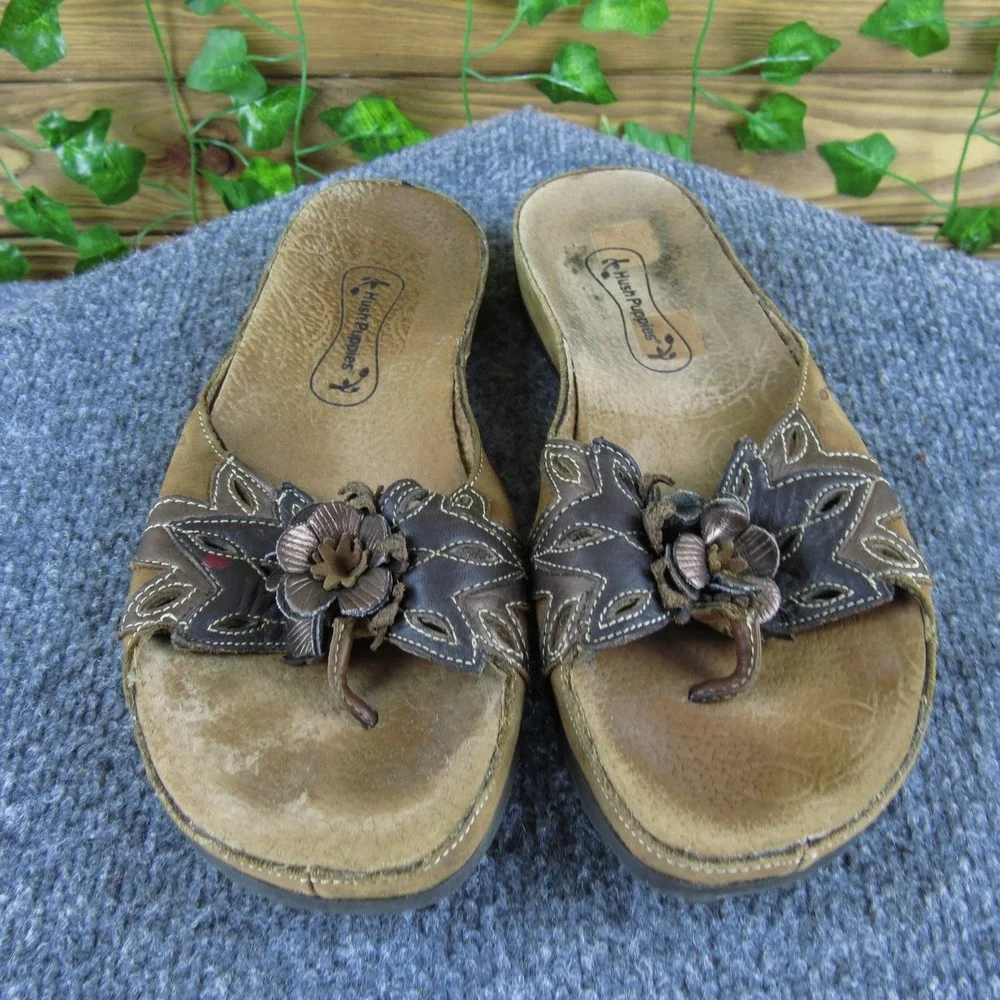 Hush Puppies Women's Brown Leather Floral Slip-On Flip Flop Sandals Size‎ 8 M